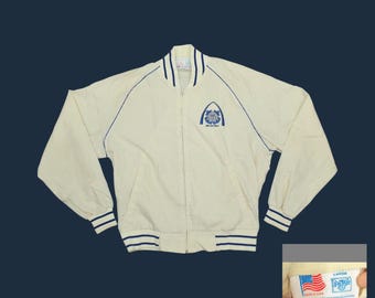 Vintage US Coast Guard Bomber Jacket: Cream, Blue Trim, Embroidered, Large