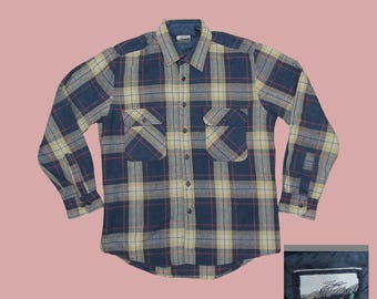 Vintage 80s Fieldmaster Wool Flannel Shacket Navy Plaid Mens Medium