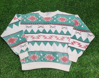 Vintage Native-American Sweatshirt Womens Medium 20x21 Green