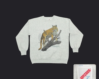 Vintage 1990 Mountain Lion Sweatshirt, Heather Gray Wildlife Graphic Pullover