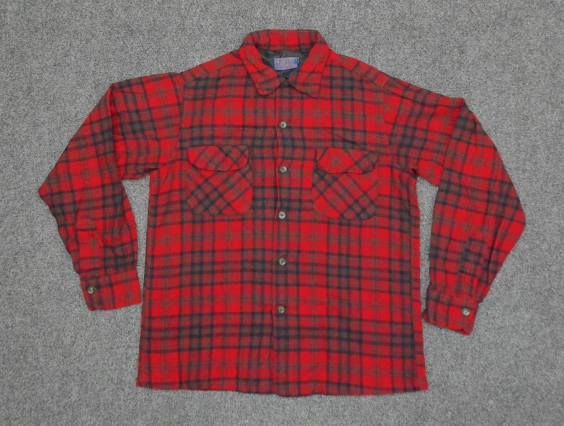 1960s Pendleton Wool Flannel Shacket | Red Navy Plaid Boxy Oversized Shirt | Vintage image 3