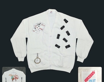 Vintage 90s Poker Bunny Cardigan Grannycore Kitsch Novelty Sweater Jerzees XL