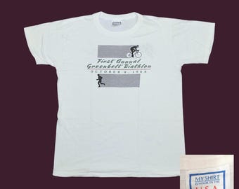 Vintage 1988 Greenbelt Biathlon Graphic T-Shirt 80s Retro Cycling Mens Large