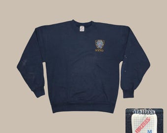 Vintage 90s NYPD Sweatshirt Faded Navy Blue Boxy Fit Medium Jerzees USA Made Distressed