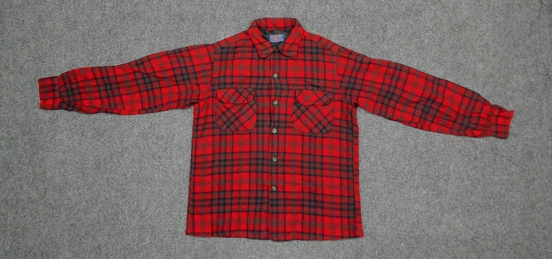 1960s Pendleton Wool Flannel Shacket | Red Navy Plaid Boxy Oversized Shirt | Vintage image 5