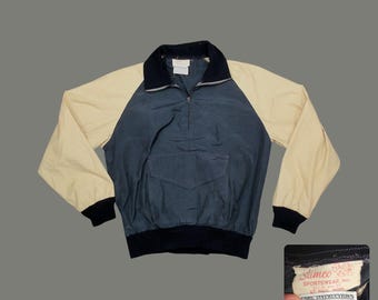 1970s Samco Sportswear Anorak | Navy Beige Colorblock Half Zip Windbreaker (Mens Large)