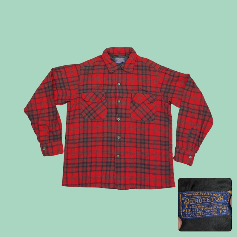 1960s Pendleton Wool Flannel Shacket | Red Navy Plaid Boxy Oversized Shirt | Vintage image 1