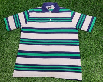 Vintage 90s MOD Polo Shirt Large 21x26 Green White Blue Stripes