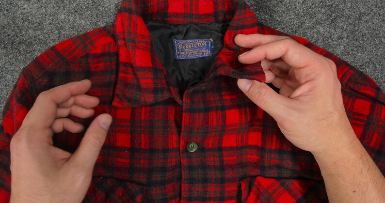 1960s Pendleton Wool Flannel Shacket | Red Navy Plaid Boxy Oversized Shirt | Vintage image 8