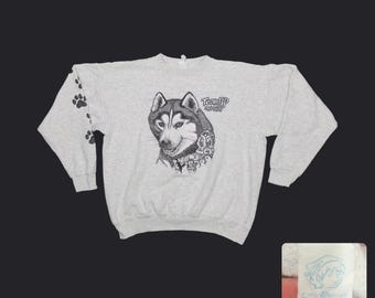 Vintage 90s Husky Sled Dog Sweatshirt | Thrashed Distressed Gray Paw Print Pullover | Boxy Grunge Mens XL Little Brownie