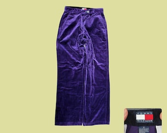 Deep Purple Velvet Wide Leg Pants, 90s Tommy Hilfiger High Waisted Trousers