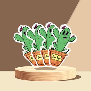 4er Pack Süßer Kaktus Terrakottatopf mit Schild free hugs Sticker Aufkleber positive vibes fröhlich lustig Blumentopf Pflanze Blumenfreund