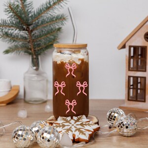 Pink Bow Glass Cup, Iced Coffee Cup, Coquette Decor, Sipper Glass Can, Pink Coquette Libbey Cup with Lid and Straw, Cute Coquette Aesthetic
