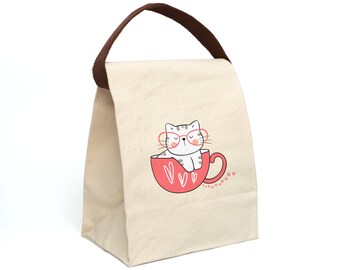 Kid Lunch Bag Cat Design, Reusable Canvas Lunch Box, Animal Lover Canvas Bag, Kitty Snack Bag, Washable Lunch Bag, Cute Cat Print