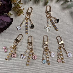 Initial Keychain Charm Bag Charm Gold Keyring Beaded Charm Multiple Charm Dangle Birthday Gift for Friend Personalized Gift under 20