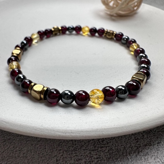 Garnet Citrine Hematite Healing Stretch Bracelet: 4mm Gemstone January Birthstone Women's Men's Jewelry Unisex