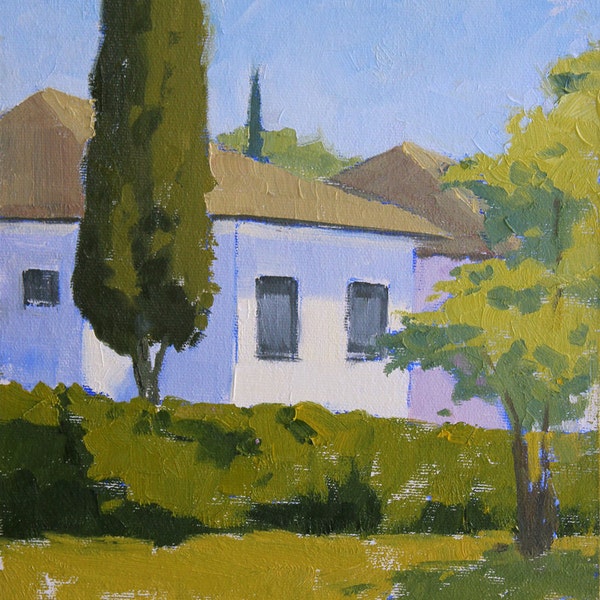 Garden House - 10 x 8 Inch Original Impressionist Landscape Oil Painting of a House and Garden - Living Room Art