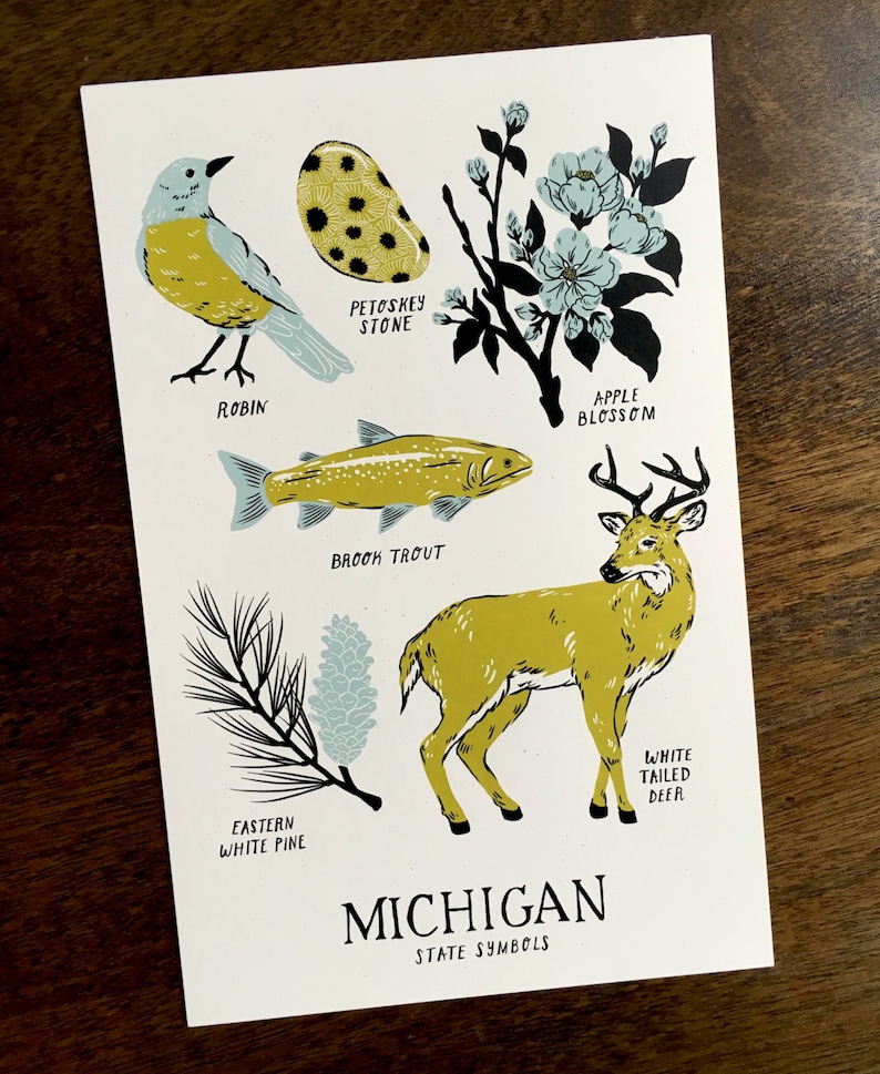 Michigan State Symbols Art Print 11x17 Hand | Etsy