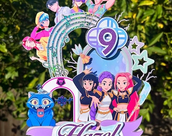 Adorno para pastel de Kpop Cazadores de demonios Adorno para pastel Huntrix Decoración para fiesta de cumpleaños de Kpop Saja boys Fiesta de cazadores de demonios de Kpop Invitación para niña de cumpleaños