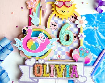 Adorno para tarta de fiesta en la piscina preppy, Vamos a festejar, Cara sonriente, Niña feliz, Adorno para tarta, Cara feliz, Tema retro, Cumpleaños genial, Fiesta chapoteante
