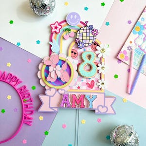 Adorno para tarta de adolescente preppy Vamos a celebrar Cumpleaños con cara sonriente Adorno para tarta de una niña feliz Cara feliz Tema retro Cumpleaños maravilloso Fiesta preppy