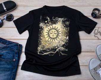 Maglietta Golden Galaxy Sun Maglietta da donna Celestial Regalo esoterico per gli appassionati cosmici