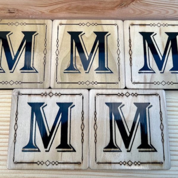 Monogram Wooden coaster hand painted with epoxy inlay