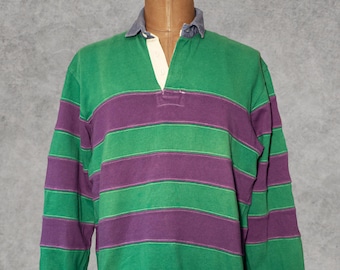 Vintage 1980s Polo Ralph Lauren Rugby Shirt: Striped Cotton, Purple & Green