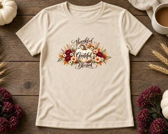 Thankful Grateful Blessed Women's Fitted Shirt, Fall Pumpkin Floral Tee, Thanksgiving Shirt for Women, Autumn Christian Tee, Fall Gift
