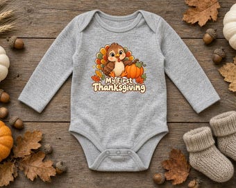 Babyrompertje met lange mouwen voor de eerste Thanksgiving, babyoutfit voor de eerste Thanksgiving, rompertje met kalkoen en pompoen, kraamcadeau