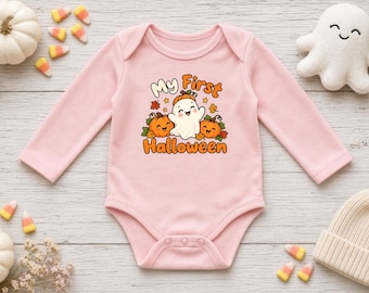 Mijn eerste Halloween spook babyrompertje, romper met lange mouwen voor baby's, baby's eerste Halloween outfit, schattige spook- en pompoenromper, kraamcadeau