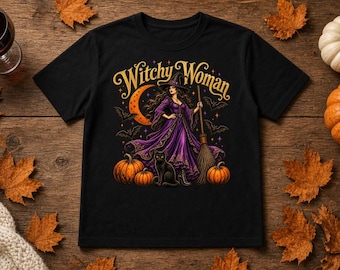Witchy Woman Shirt, Witch and Black Cat Halloween Tee, Vintage Witch with Broom and Pumpkins T-Shirt, Spooky Gift