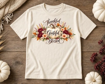 Dankbaar, Gezegend T-shirt, Unisex Herfst T-shirt met Pompoen en Bloemenprint, Thanksgiving T-shirt, Herfst Dankbaar T-shirt, Herfstcadeau voor Haar