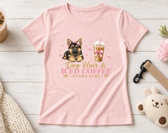 Dog Hair & Iced Coffee Kinda Girl Women's Fitted Tee, German Shepherd Mom Shirt, Coquette Bow Dog Mom Gift