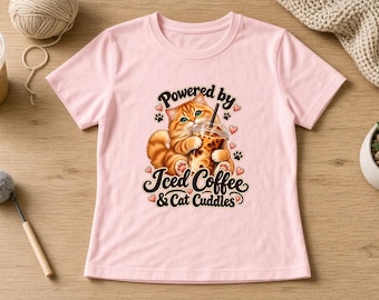 Powered by Iced Coffee and Cat Cuddles Women's Fitted Shirt, Orange Tabby Cat Tee, Cat Mom Shirt, Iced Coffee Lover Gift, Cute Cat Shirt