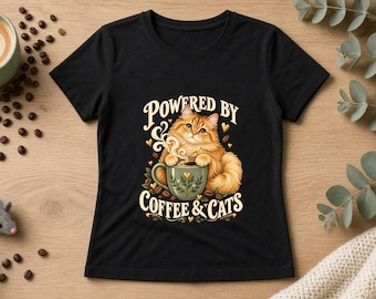 Powered by Coffee & Cats Women's Fitted Tee, Cat Mom Shirt, Coffee Lover Gift, Cute Orange Cat Tee