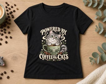 Powered by Coffee & Cats Women's Fitted Tee, Cat Mom Shirt, Coffee Lover Gift, Cute Grey Tabby Cat Tee