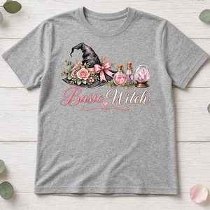Basic Witch Shirt, Cute Floral Witch Hat Tee, Pink Bow Halloween T-Shirt, Coquette Halloween Gift for Women, Soft Witchy