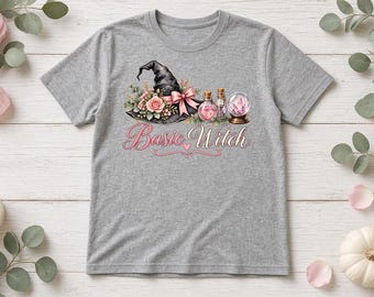 Basic Witch Shirt, Cute Floral Witch Hat Tee, Pink Bow Halloween T-Shirt, Coquette Halloween Gift for Women, Soft Witchy
