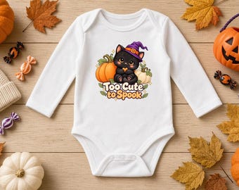 Te schattig om eng te zijn, babyrompertje met lange mouwen, babyoutfit voor de eerste Halloween, babycadeau met zwarte kat, heksenpakje