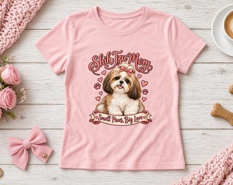 Shih Tzu Mom Women's Fitted Shirt, Small Paws Big Love Tee, Gold and White Shih Tzu Shirt, Dog Mom Gift, Cute Dog Lover Tee