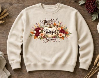 Dankbare, gezegende sweatshirt, herfsttrui met pompoen- en bloemenprint, Thanksgiving-sweatshirt voor dames, knusse herfsttrui, herfstcadeau