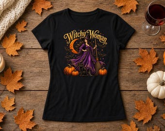 Witchy Woman Women's Fitted Shirt, Witch and Black Cat Halloween Tee, Vintage Witch with Broom and Pumpkins T-Shirt, Spooky Gift