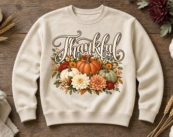 Dankbare sweater, herfstpompoen bloemenprint, ronde hals, Thanksgiving sweater voor dames, knusse herfsttrui met pompoenprint, herfstcadeau voor haar