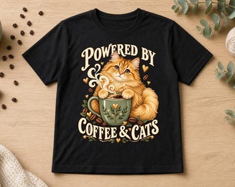 T-shirt met de tekst "Powered by Coffee & Cats", T-shirt voor kattenliefhebbers, cadeau met koffie en katten, schattig oranje T-shirt voor kattenmoeders