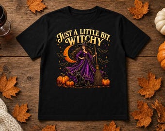 Just a Little Bit Witchy Shirt, Vintage Witch and Black Cat Tee, Halloween Witch with Broom T-Shirt, Spooky Season Gift
