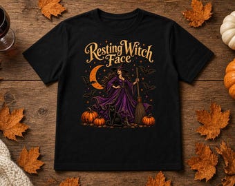 Resting Witch Face Shirt, Funny Witch and Black Cat Halloween Tee, Vintage Witch with Broom T-Shirt, Sarcastic Gift