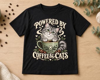 T-shirt met de tekst "Powered by Coffee & Cats", T-shirt voor kattenliefhebbers, cadeau met koffie en katten, schattig T-shirt voor een grijze cyperse kattenmoeder