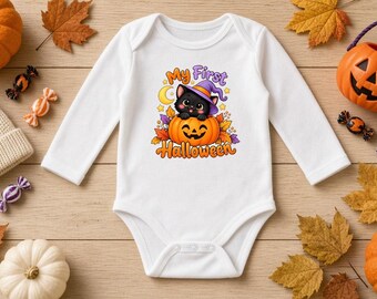 Mijn eerste Halloween babyrompertje, romper met lange mouwen, babyoutfit voor de eerste Halloween, zwarte katten-pompoen romper, kraamcadeau