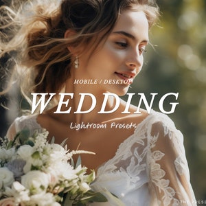 May include: A bride wearing a white lace dress holds a bouquet of white flowers. The text "Wedding Lightroom Presets" is superimposed on the image.